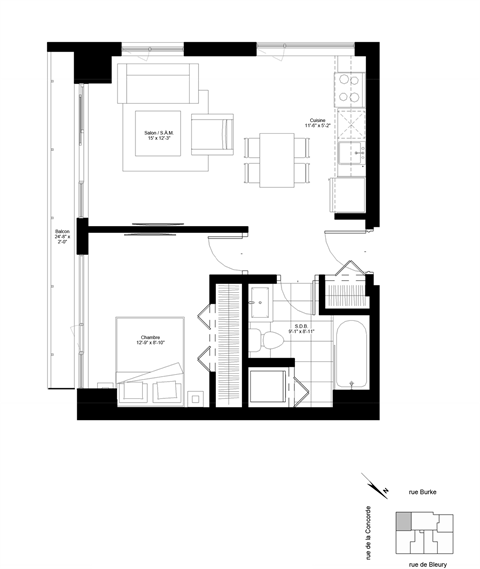 Floor plan for 1 bed, 1 bath, 599 sqft